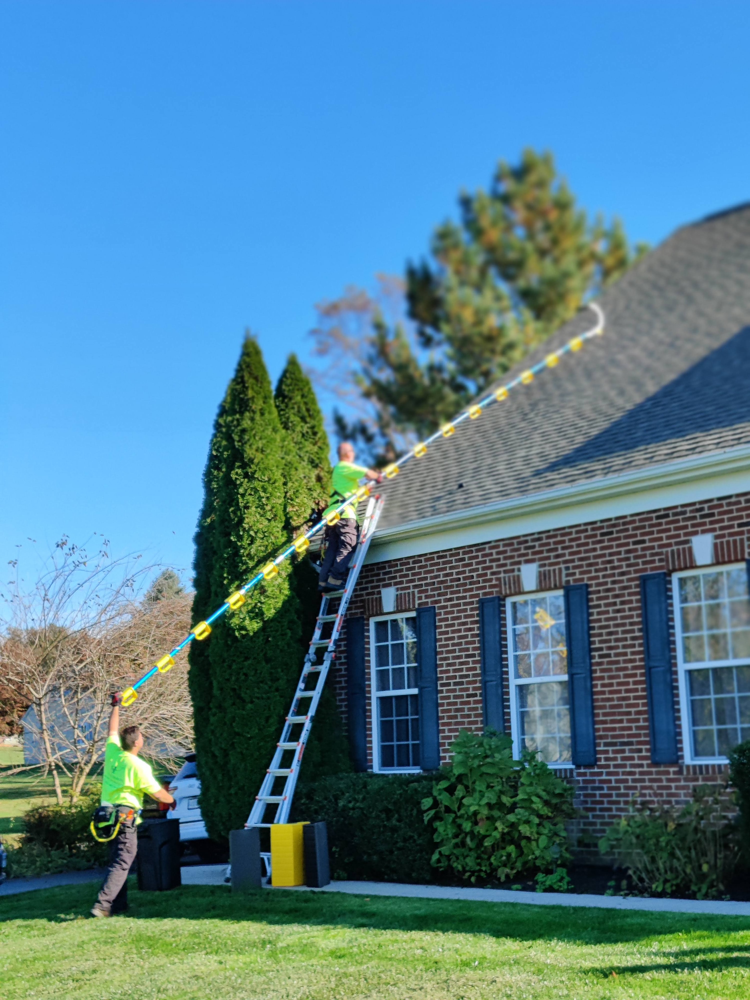 E.L.F. Designs crew on a tall ladder installing holiday lights on a brick home in Forest Hill, Maryland