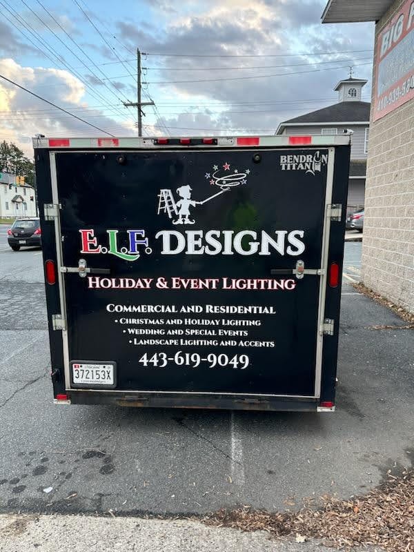 E.L.F. Designs branded trailer loaded with holiday lighting equipment on location in Harford County, Maryland